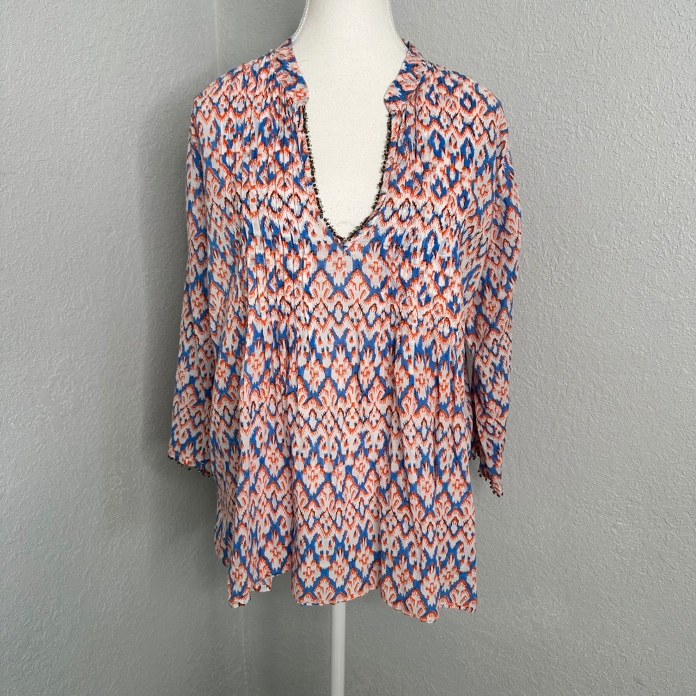 Roberta Roller Rabbit Tunic Top Womens L Blue Orange White Patterned beaded cuff